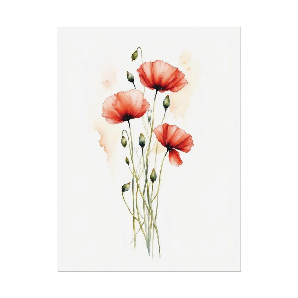 Red Poppy Blossoms Tall Stems Minimalist Watercolor Floral Poster
