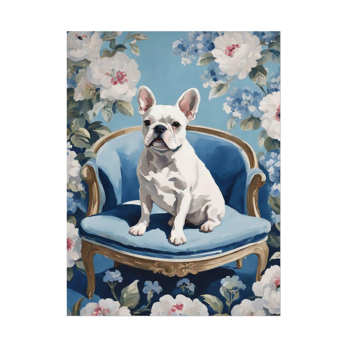 White French Bulldog Art Print Blue Chair Floral Wall Dog Lover Poster Unique Gift Watercolor Painting Home Decor