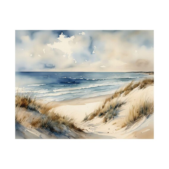 Sand Dunes Seascape Watercolor Tranquil Ocean Shore Beach Wall Art