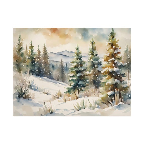 Winter Snow Scene Watercolor Pine Forest Mountains Landscape Poster