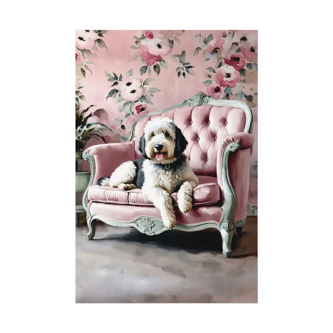 Sheepadoodle Art Print Pink Floral Wall Cute Dog Lover Poster Gift Watercolor Painting