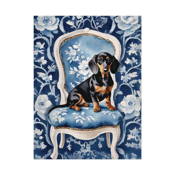 Dachshund Art Print Nc12 Blue Floral Chinoiserie Wall Dog Lover Poster Watercolor Painting Home Decor Maximalist