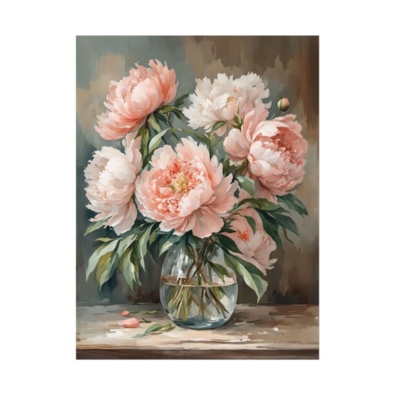 Blush Pink Peonies in Glass Vase Classic Still Life Floral Art Poster