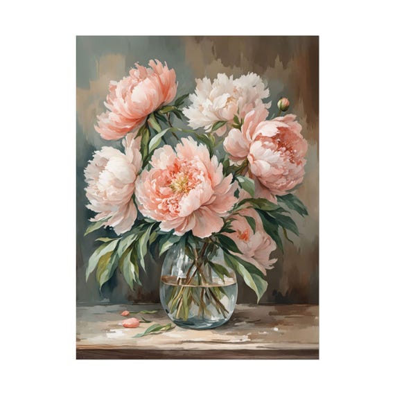 Peach Peony Flowers Watercolor Painting Peonies Floral Poster Art Print Still Life Botanical Nature Lover Artwork Wall