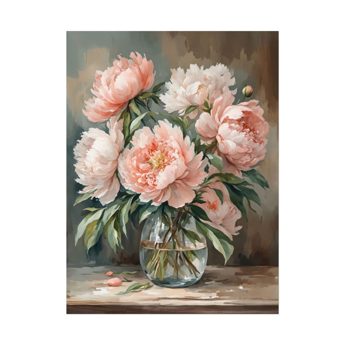 Blush Pink Peonies in Glass Vase Classic Still Life Floral Art Poster