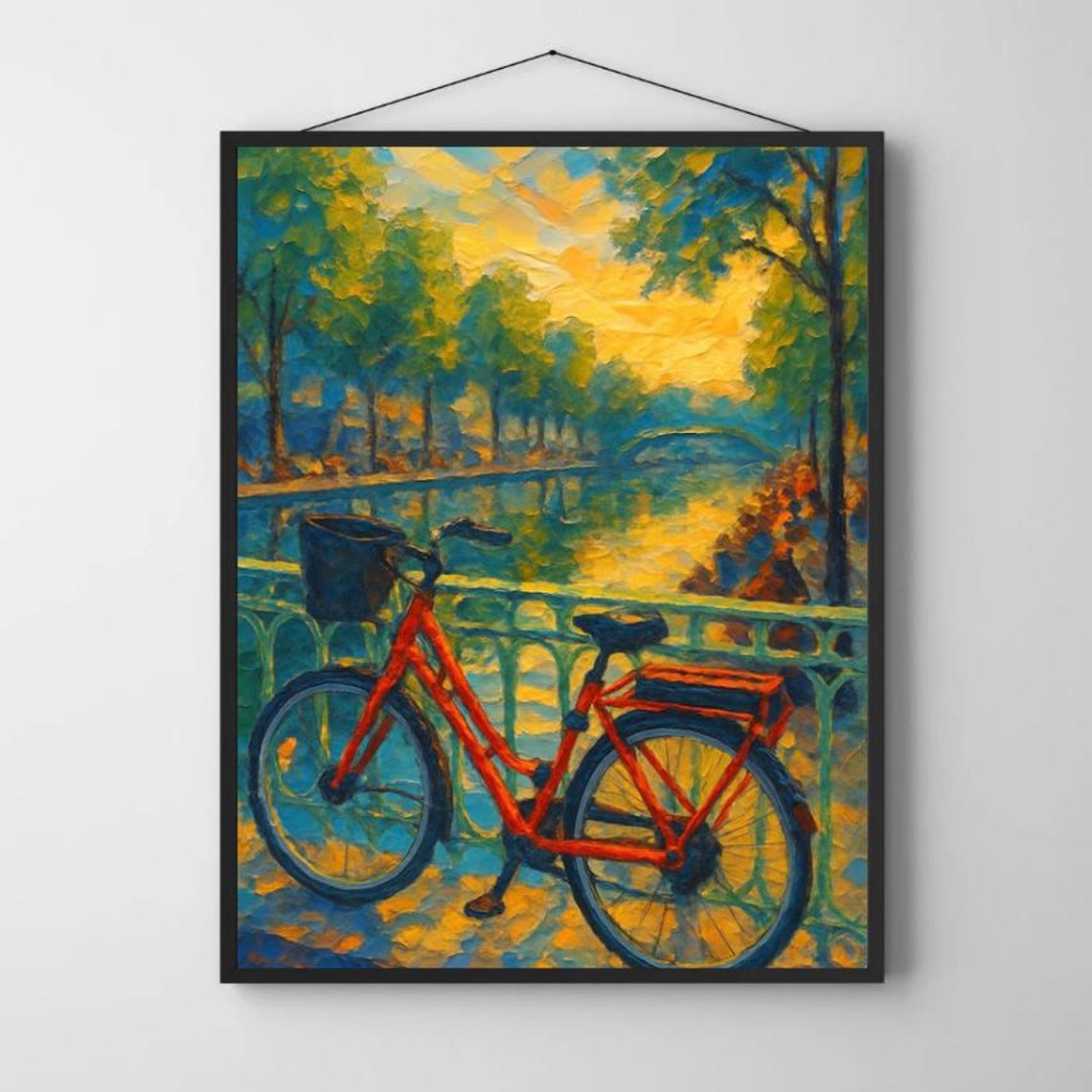 Red Bicycle Canal Bridge Sunset Impressionist Paris Art Poster