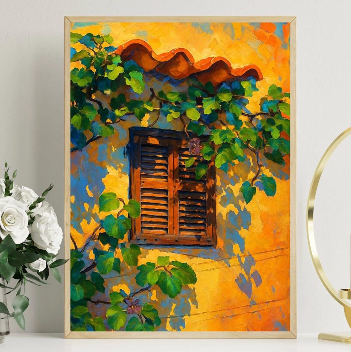 Mediterranean Rustic Window with Vines Poster Sunny Old Town Painting