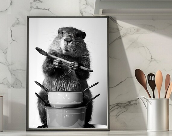 Funny Animal Print Beaver Cooking In The Kitchen Art Humorous Wall Decor Funny Kitchen Picture Home