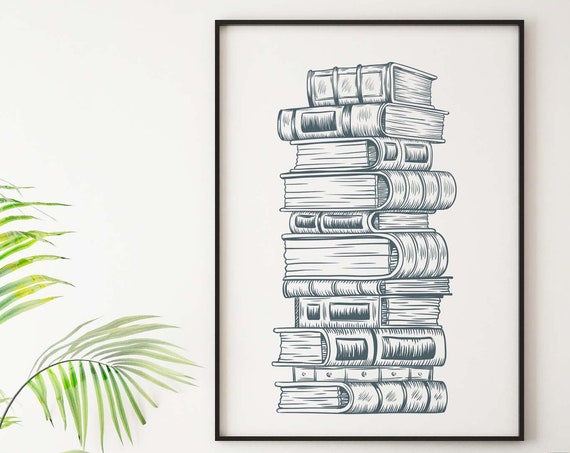 Stack Of Books Wall Art Library Or Study Room Decor Instant Vintagestyle Book Illustration