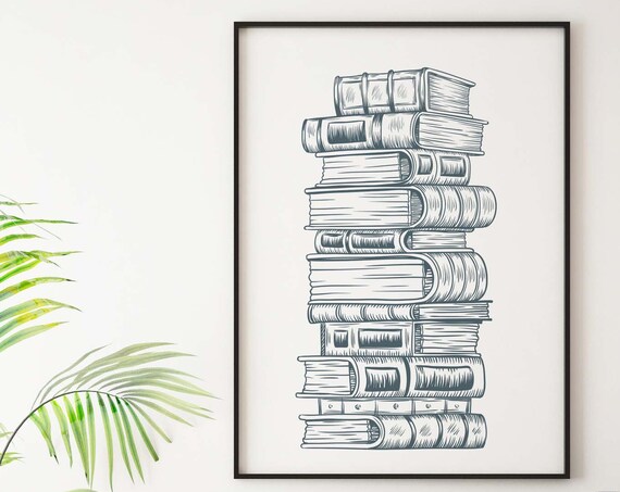 Tall Stack of Vintage Books Line Art Sketch Library Decor Poster