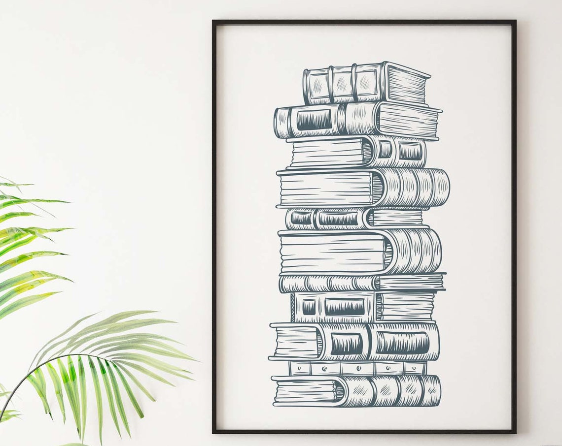 Stack Of Books Wall Art Library Or Study Room Decor Instant Vintagestyle Book Illustration