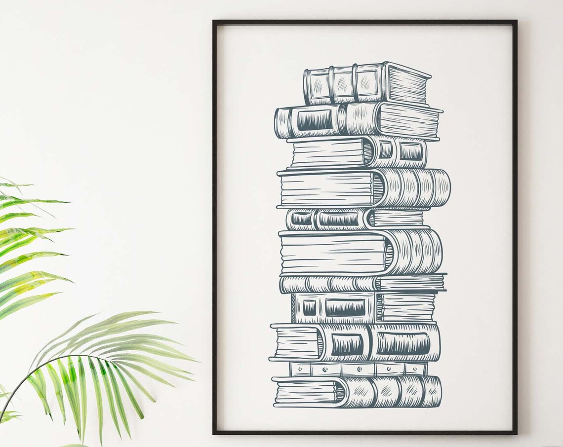Tall Stack of Vintage Books Line Art Sketch Library Decor Poster