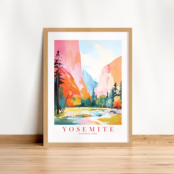Yosemite National Park Colorful Watercolor Valley Landscape Travel Poster