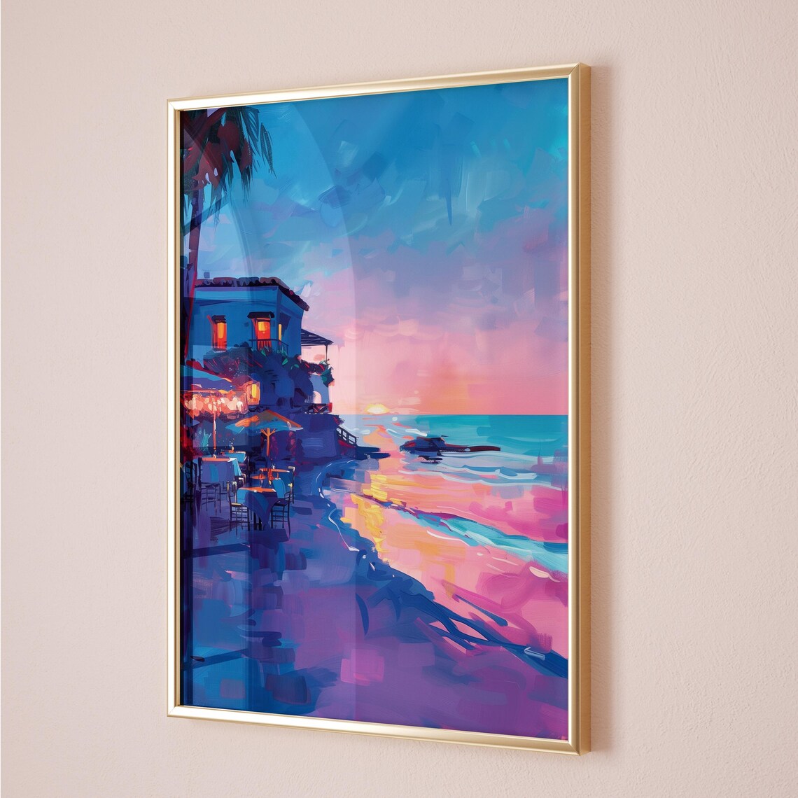 Sunset Beach Bar Tropical Palm Coastal Landscape Painting Poster - Image 3