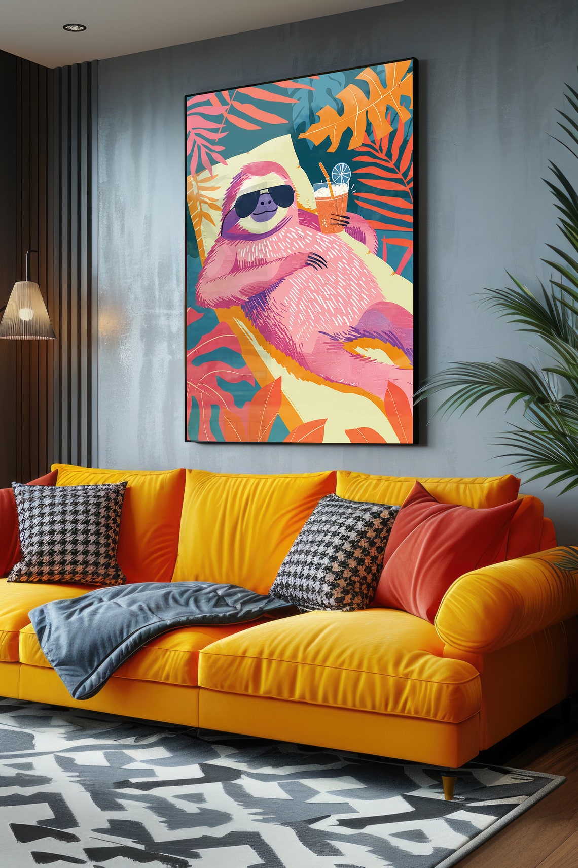 Lazy Pink Sloth Sunglasses Cocktail Poster Tropical Funny Animal Decor - Image 2