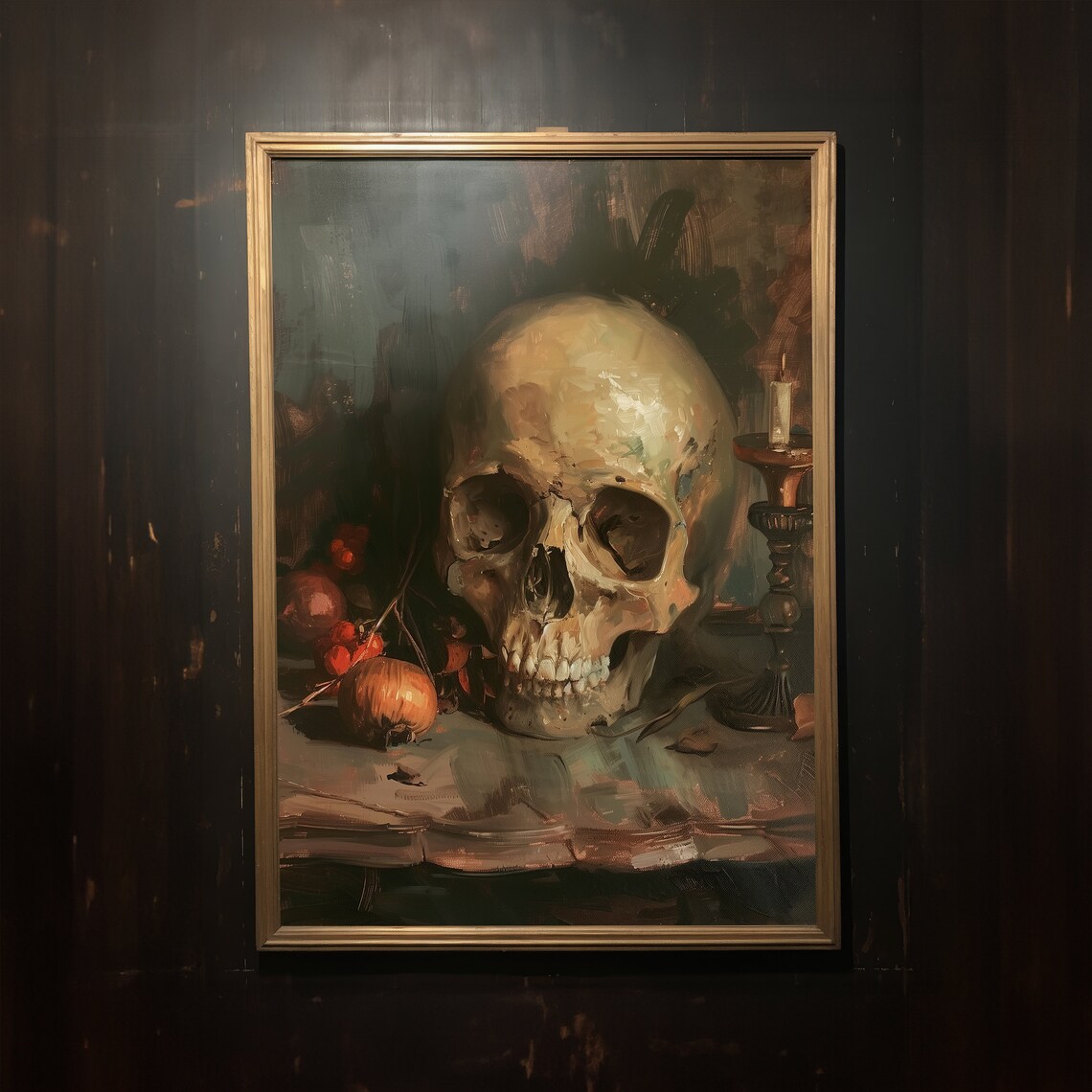 Skull Still Life With Candle Vintage Style Macabre Oil Art Poster - Image 4
