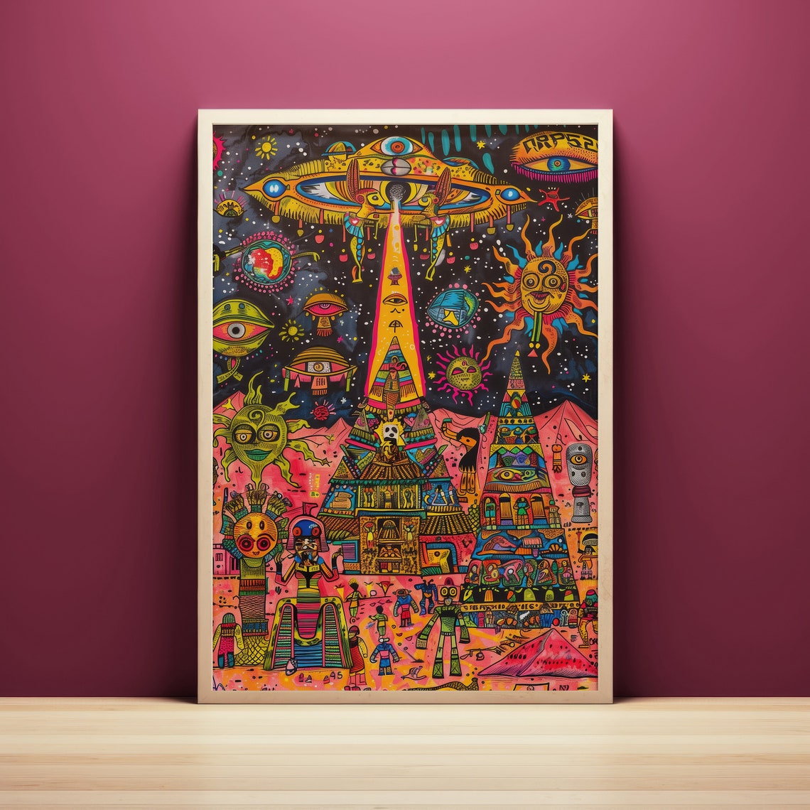 Ancient Aliens Whimsical Art Poster UFO Pyramids Colorful Maximalist - Image 3