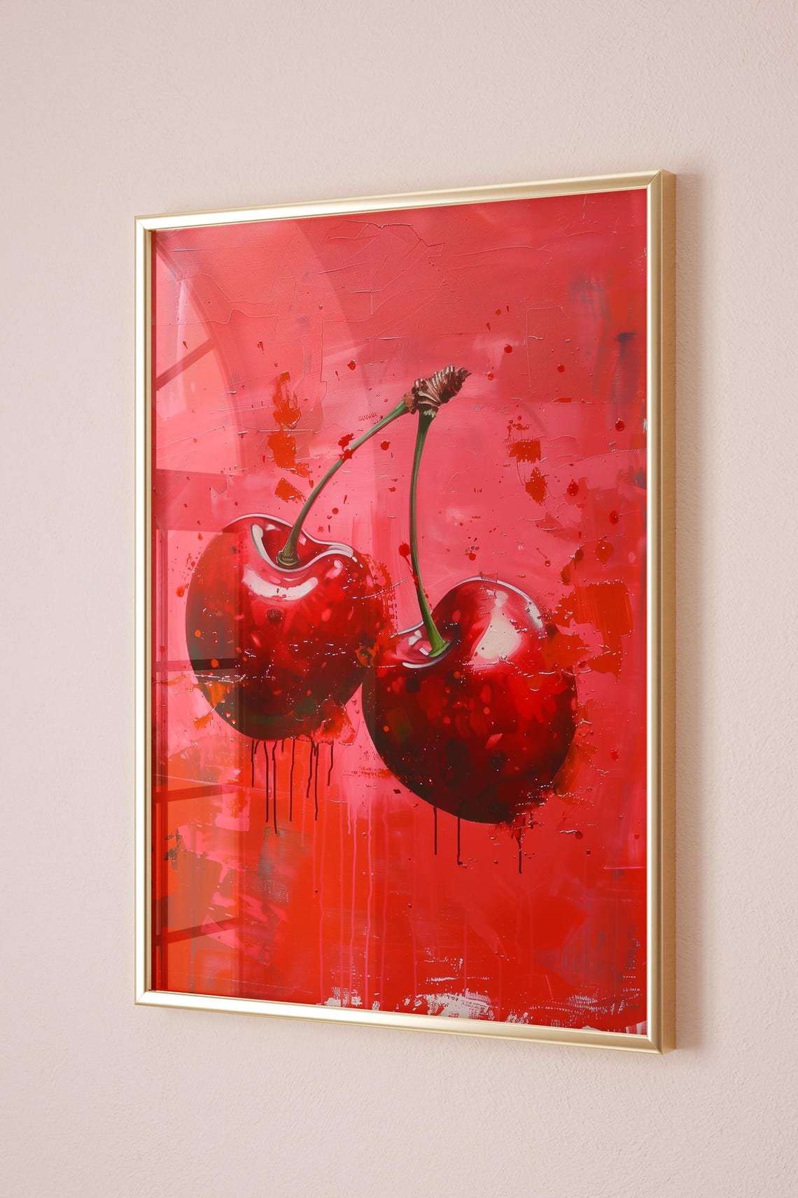 Red Cherries Abstract Fruit Painting Kitchen Wall Decor Print - Image 3