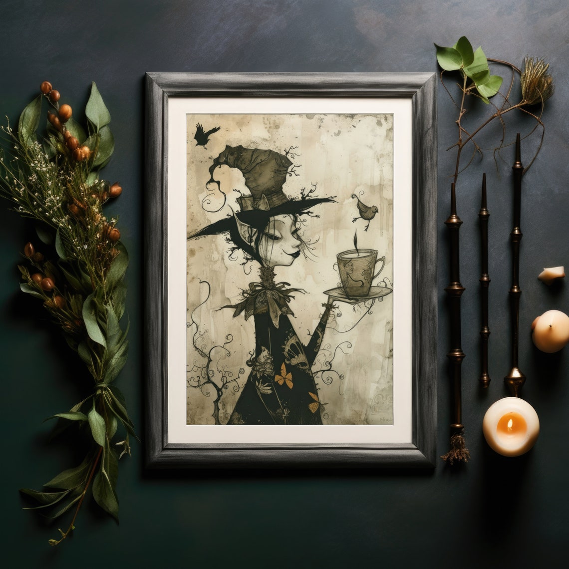 Whimsical Witch With Teacup Twig Hat Birds Ink Illustration Wall Art - Image 4