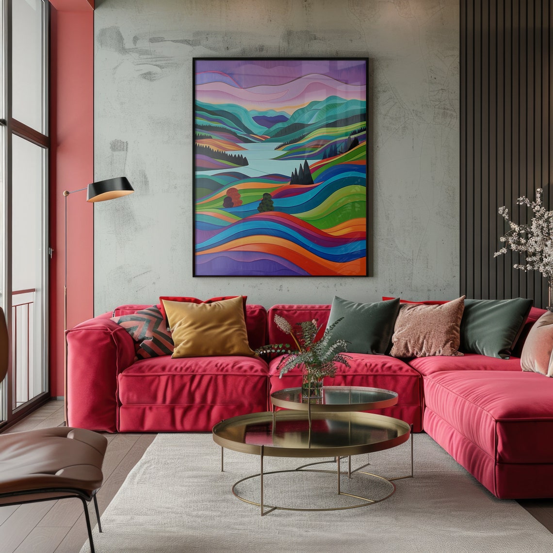 Rainbow Hills Lake Sunset Modern Art Deco Landscape Art Poster - Image 2
