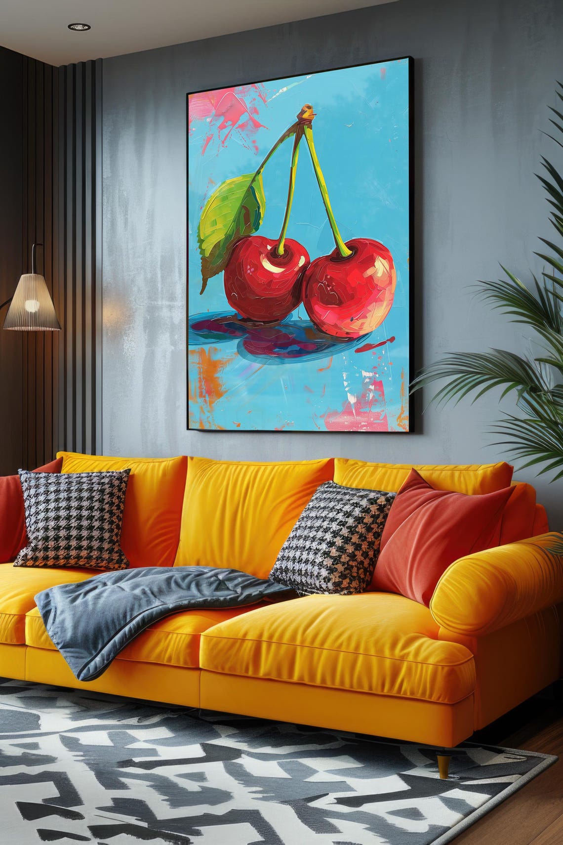 Red Cherries Turquoise Background Impasto Oil Painting Fruit Wall Art - Image 2