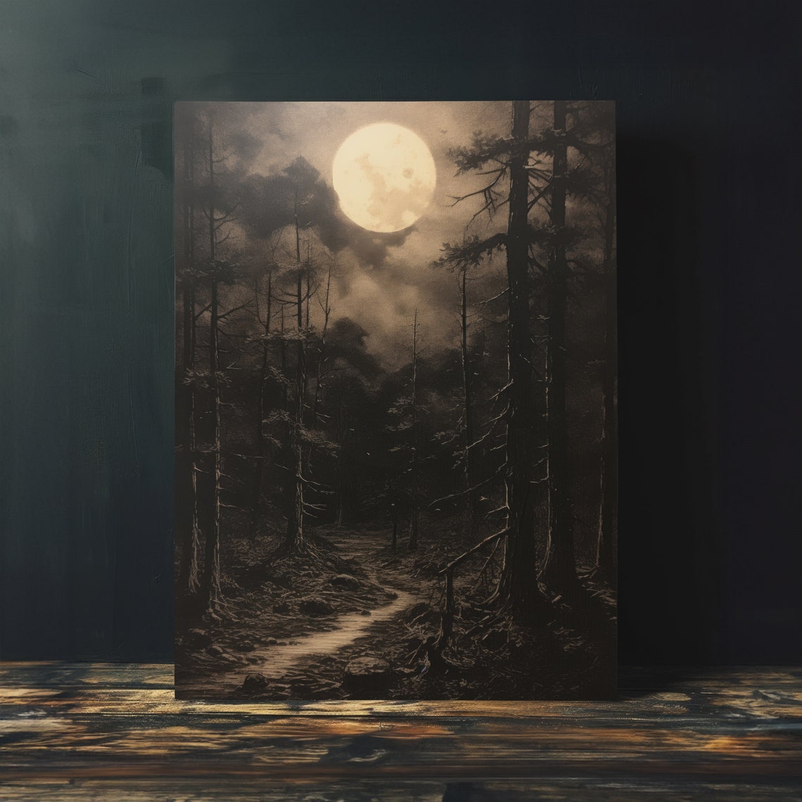 Full Moon Over Moonlit Pine Forest Path Night Landscape Wall Art - Image 4