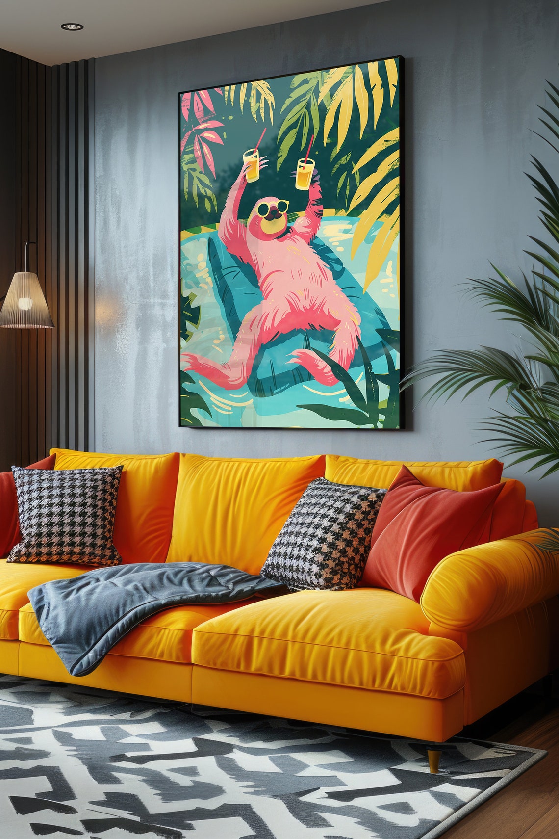 Cute Party Sloth Print Wall Art Tropical Vacation Home Decor Retirement Gift For Dad Funny Maximalist Poster - Image 2