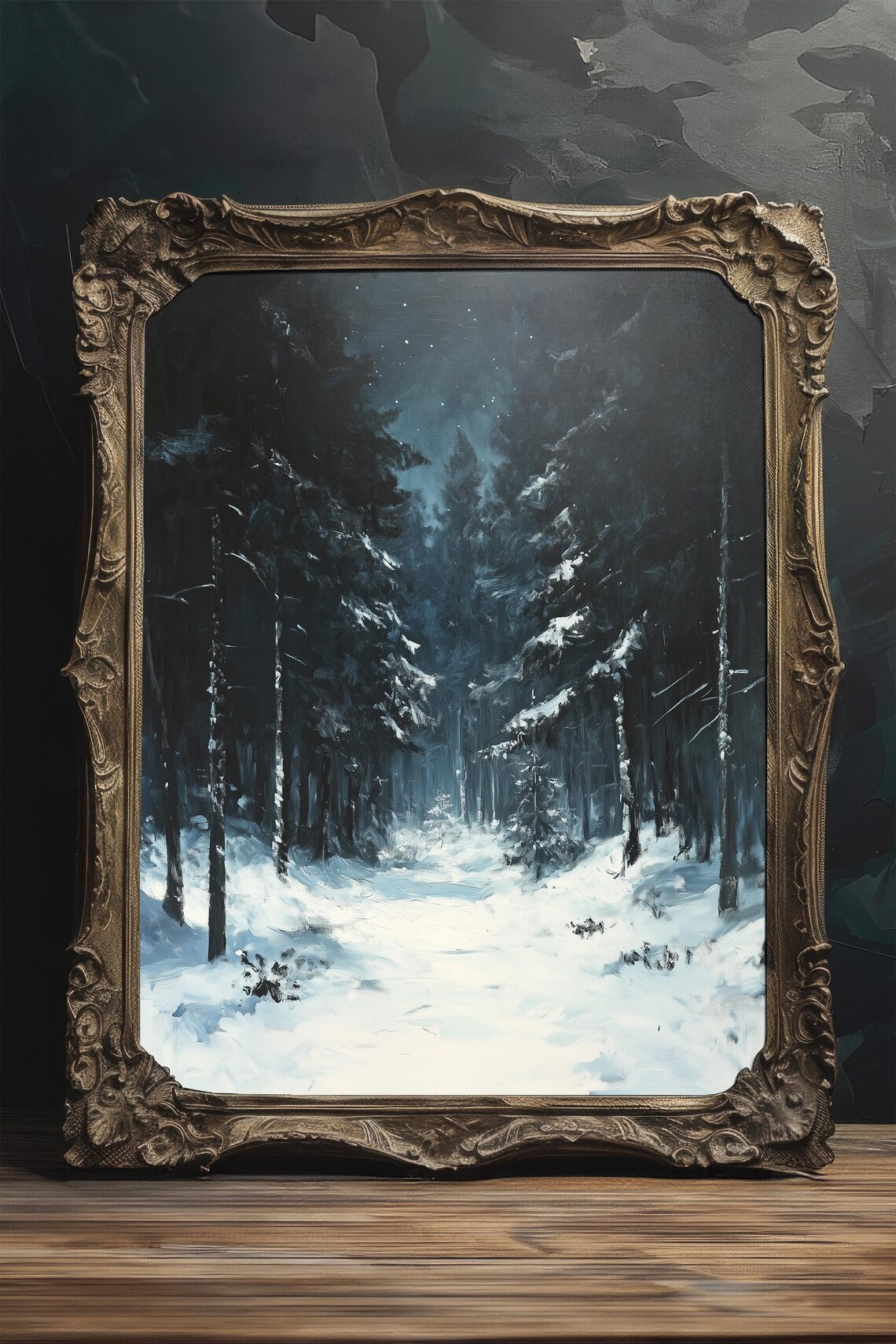 Snowy Forest Path at Night Starry Sky Winter Landscape Painting Poster - Image 2