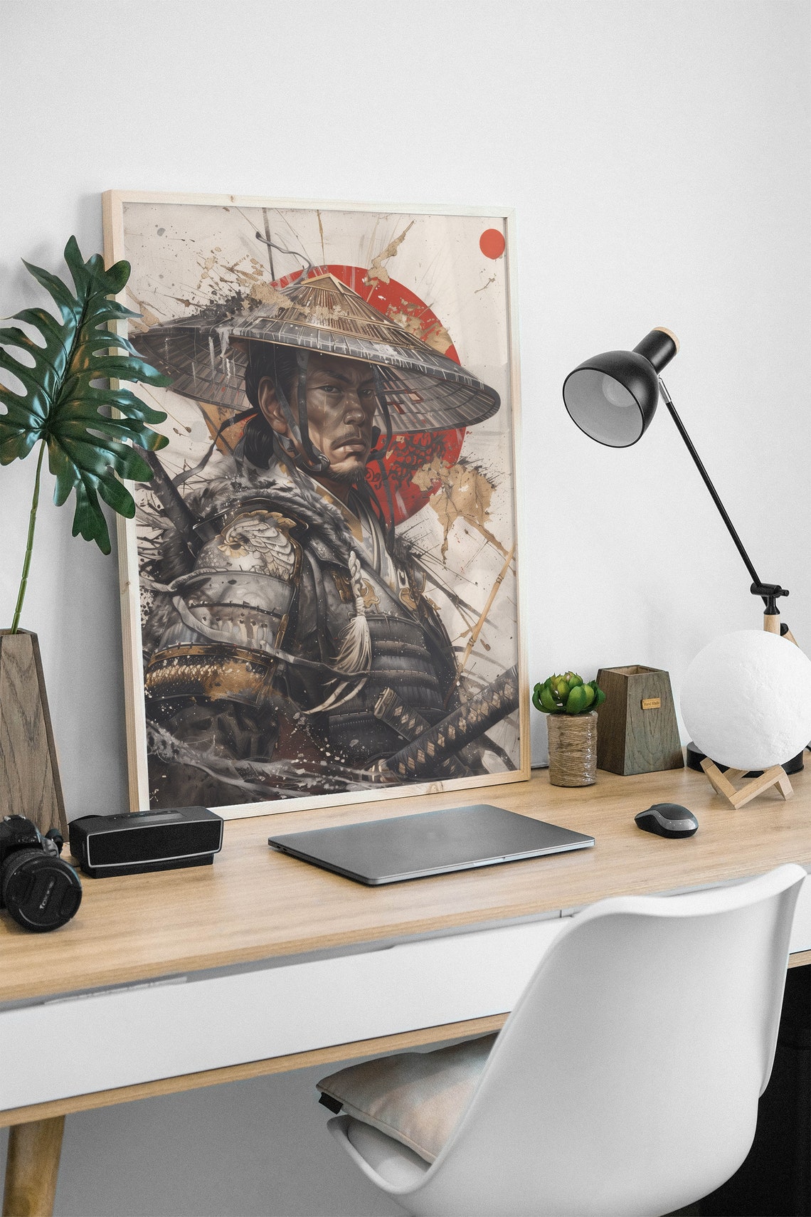 Samurai Portrait Art Straw Hat Red Sun Armor Warrior Painting Poster - Image 2