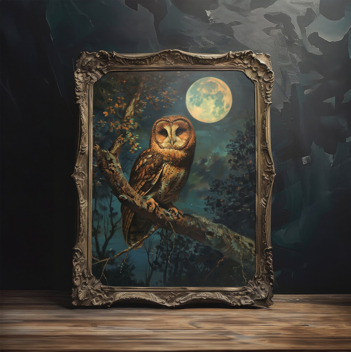 Barn Owl Under Full Moon Night Forest Moody Wildlife Art Poster - Image 3