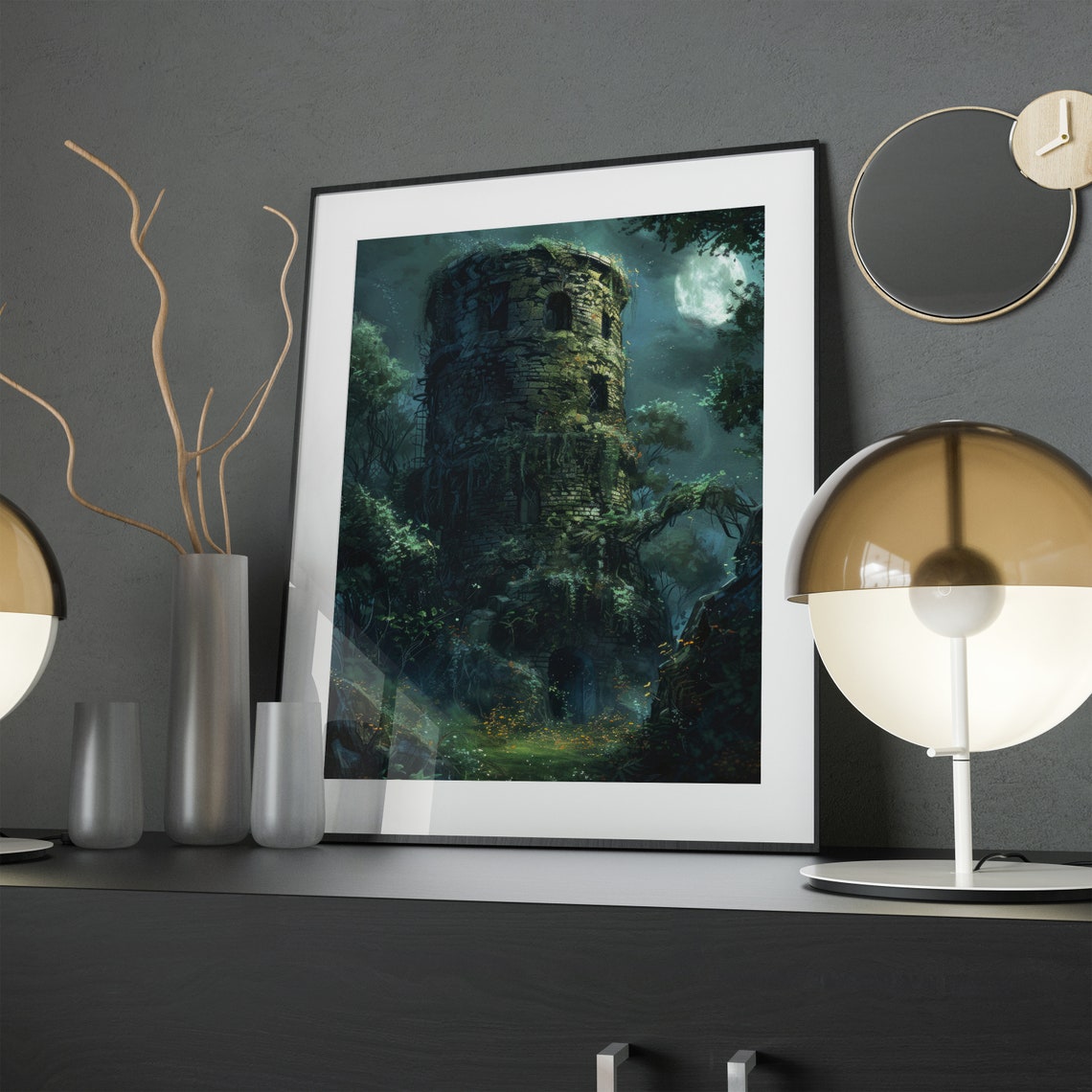 Ancient Moss Covered Tower Ruin Under Moonlight Fantasy Poster - Image 2