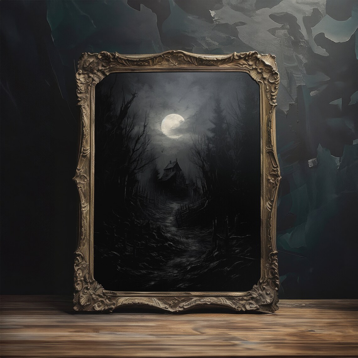 Moonlit Forest Path to Lonely House Dark Night Landscape Wall Art - Image 2