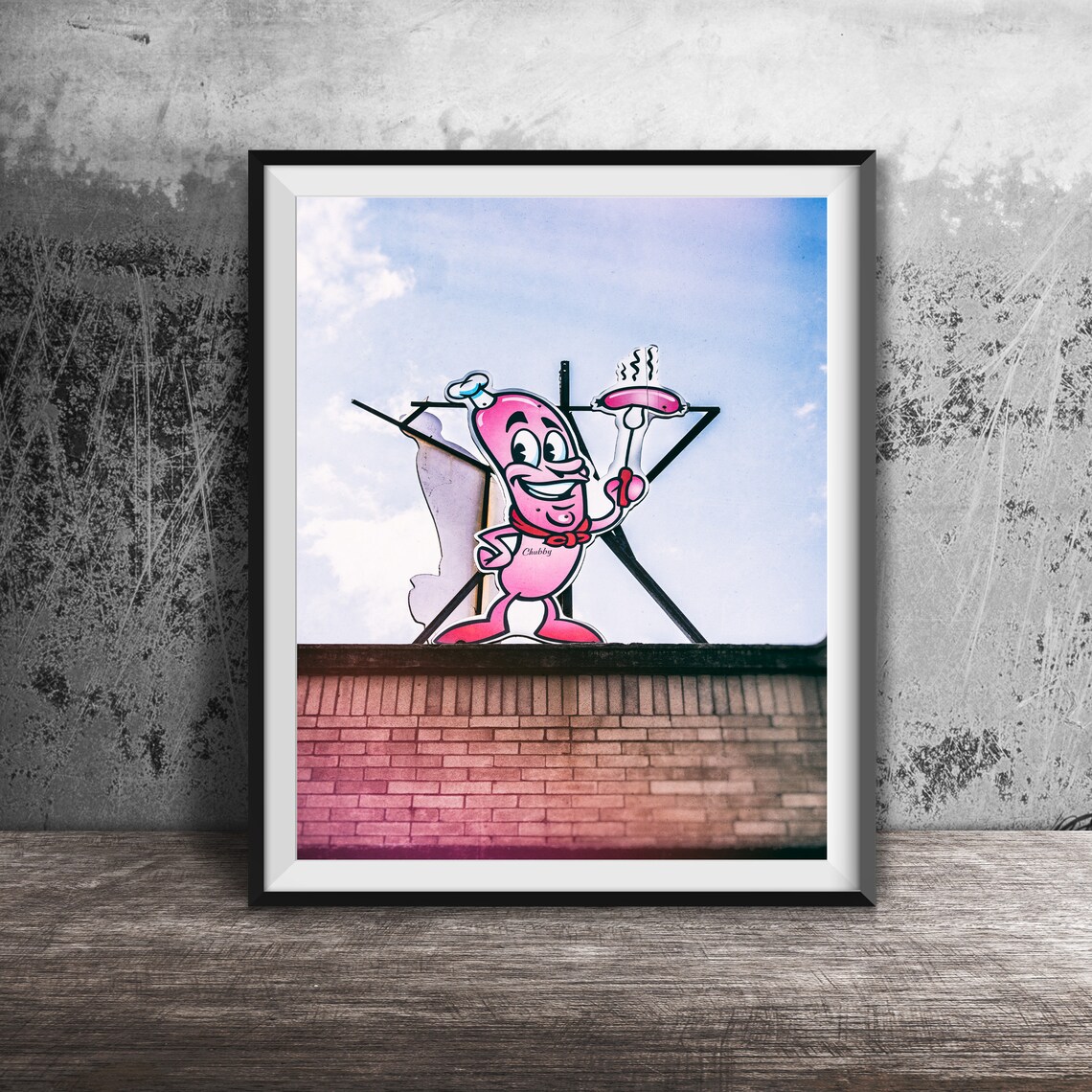 Chubby Wiener Happy Hot Dog Cartoon Chef Rooftop Sign Poster