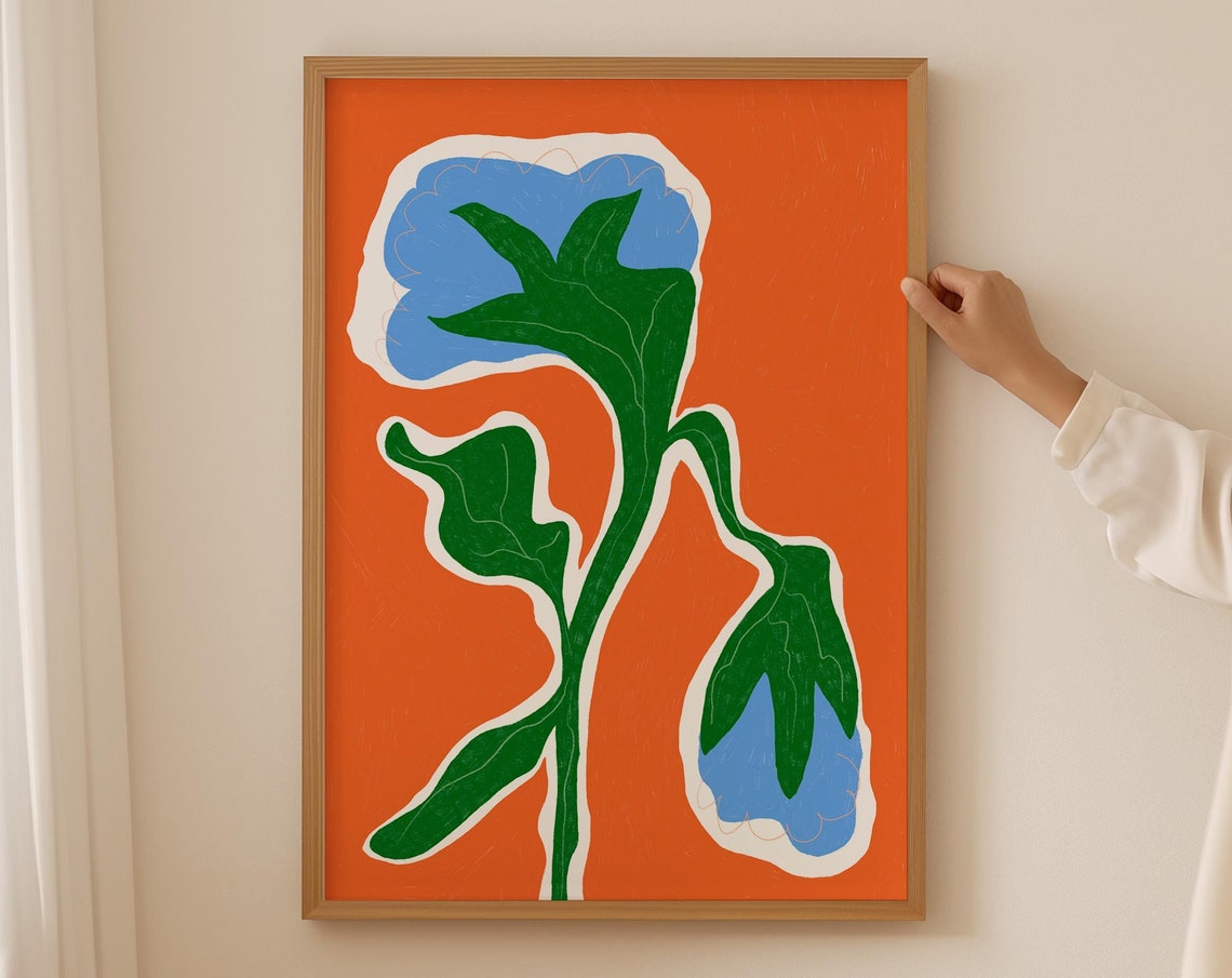 Abstract Blue Poppies Green Stems Bold Orange Botanical Art Poster