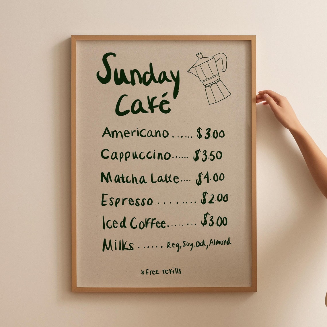 Sunday Cafe Poster Caffe Poster Coffee Sketch Hand Drawn Coffee Breakfast Print Coffee Lover Print Moka Pot Print Retro Drink Print