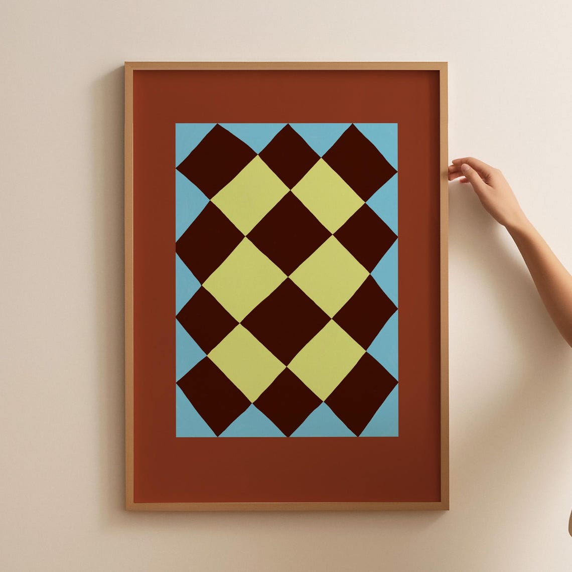Retro Checkerboard Blue Red Geometric Abstract Pattern Poster
