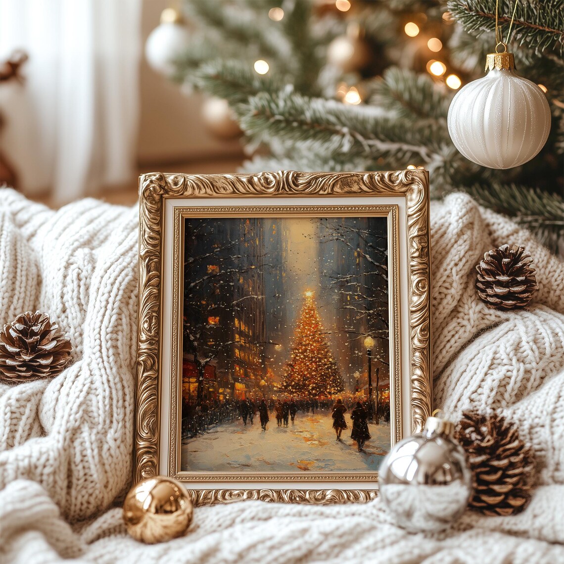 Glowing Christmas Tree City Night Vintage Winter Holiday Street Print - Image 7