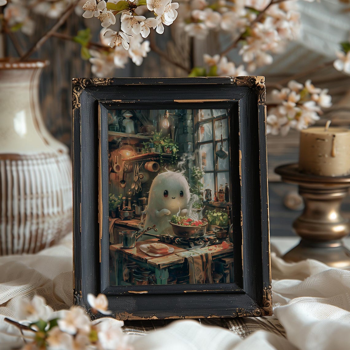 Vintage Cute Halloween Ghost Cooking Print Spooky Ghost Chef Painting Funny Kitchen Autumn Cottagecore Decor Fall Wall Art - Image 6