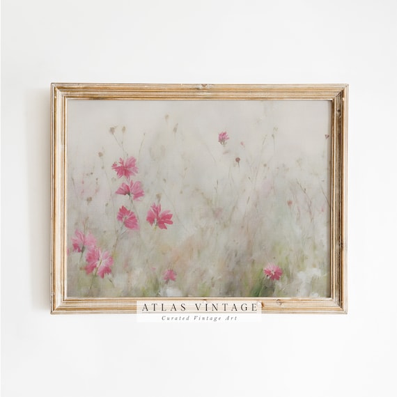 Pink Cosmos Flowers in Misty Meadow Vintage Wildflower Field Art Poster