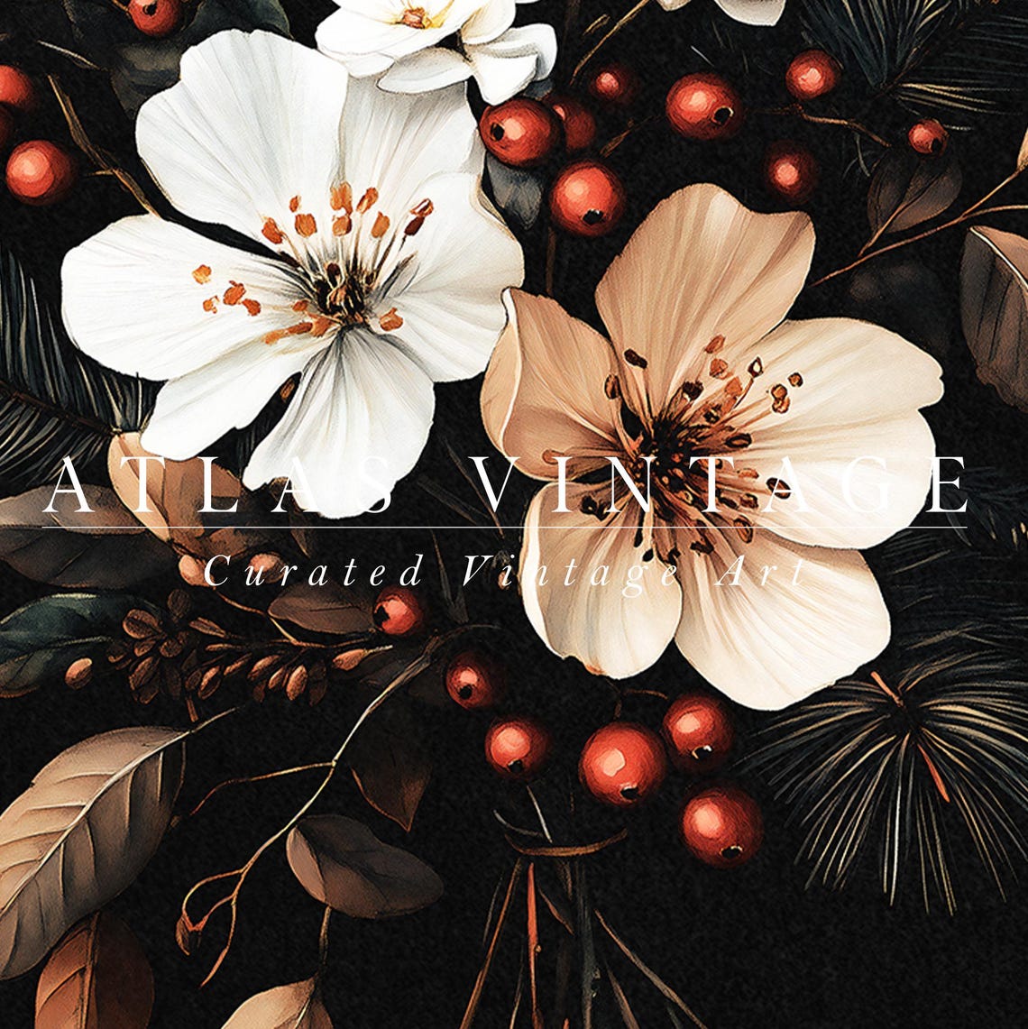 Dark Moody Winter Flower Bouquet Poster Christmas Botanical Art - Image 6