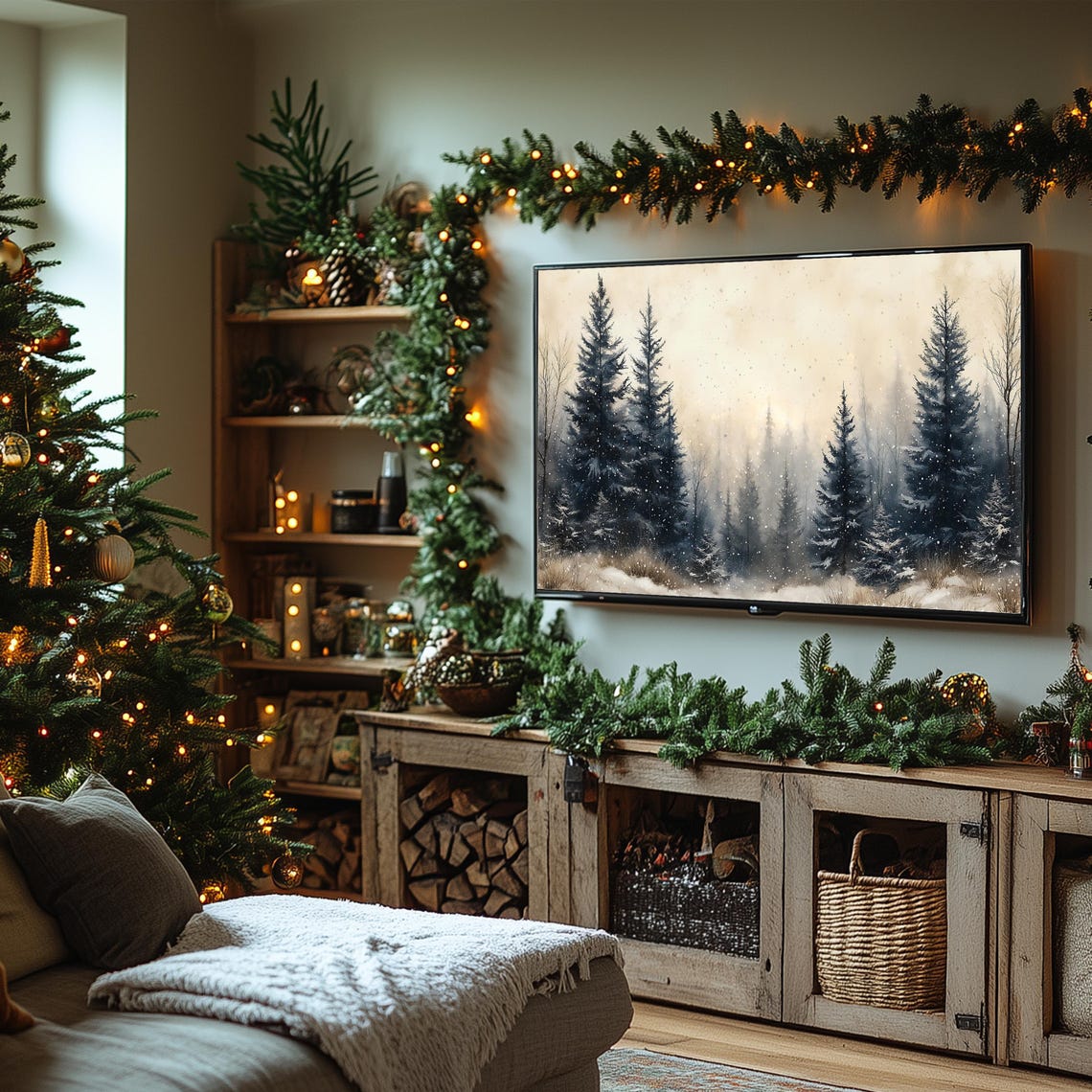 Misty Snowy Pine Forest Frame TV Art Winter Trees Falling Snow Poster - Image 2