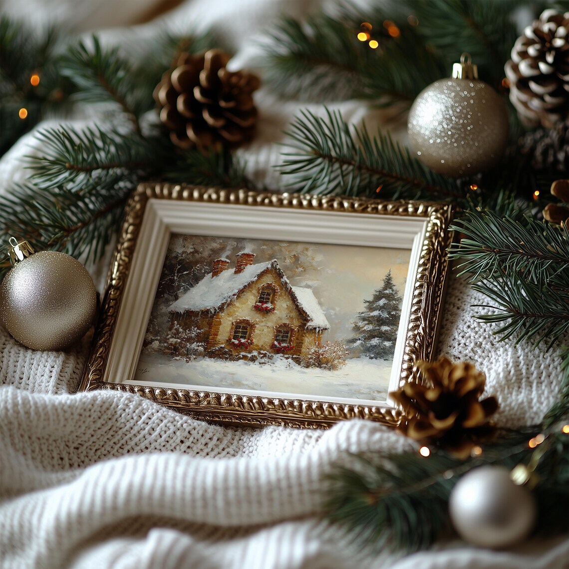 Vintage Christmas Cabin Snowy Cottage Winter Night Oil Painting Poster - Image 8