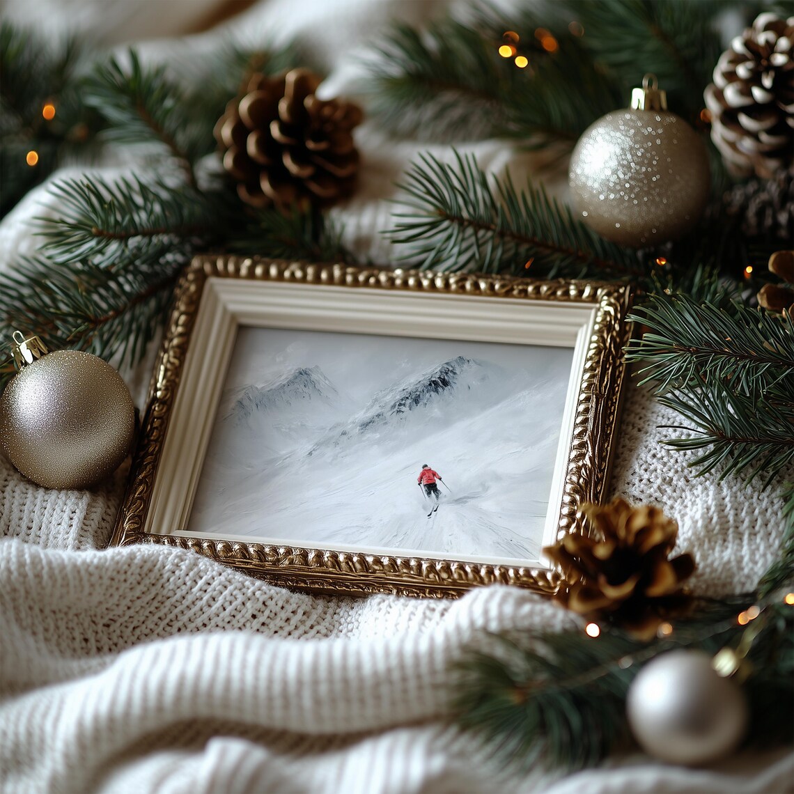 Lone Skier In Red Jacket Descending Misty Snowy Mountain Slope Poster - Image 4
