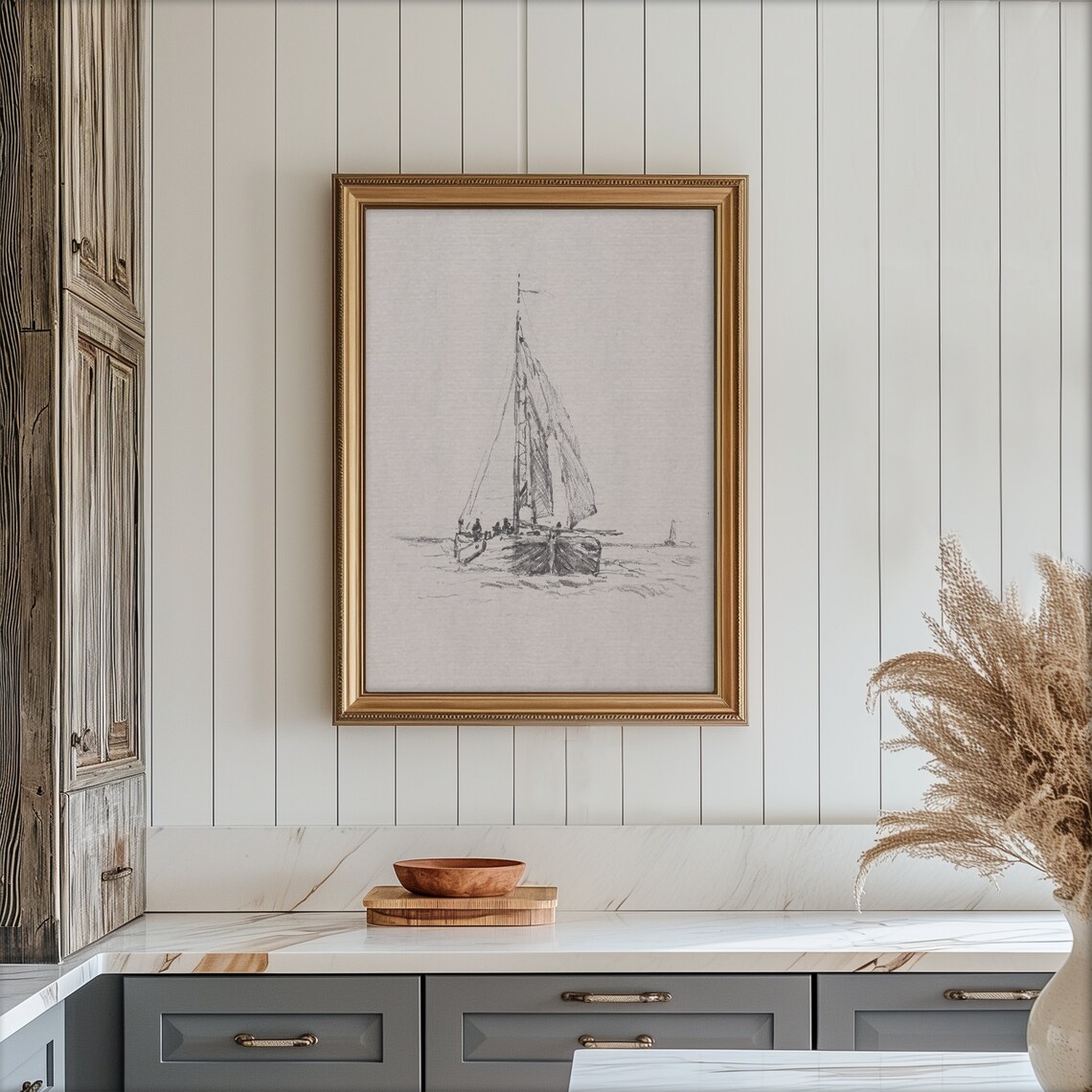 Sailboat Sketch Vintage Nautical Drawing Coastal Nursery Wall Art - Image 3
