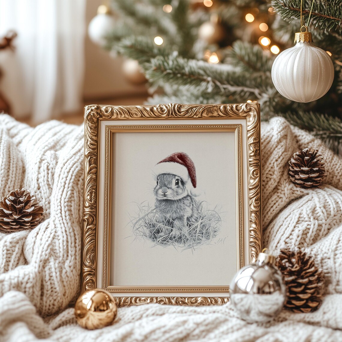 Baby Rabbit Santa Hat Sketch Christmas Vintage Animal Drawing Poster - Image 2