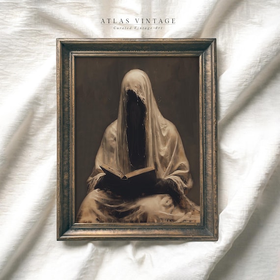Veiled Ghost Reading Book Dark Spooky Gothic Portrait Art Poster