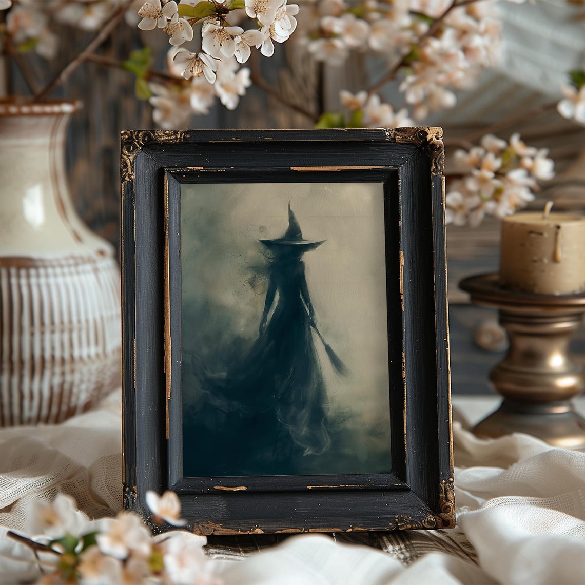 Misty Witch Silhouette Holding Broom in Fog Dark Halloween Poster - Image 7
