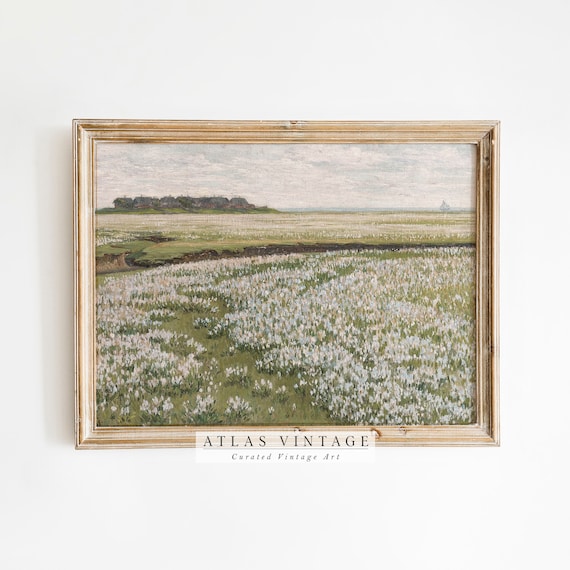 Vintage Spring Meadow Print Antique White Wildflower Field Landscape Painting