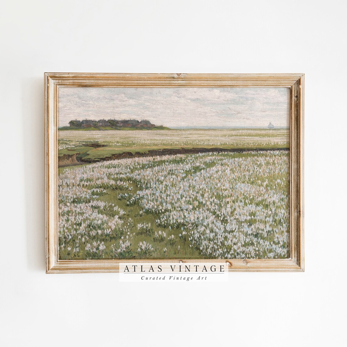 Vintage Spring Meadow Print Antique White Wildflower Field Landscape Painting