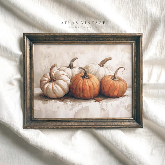 White and Orange Pumpkins Rustic Fall Still Life Painting Poster